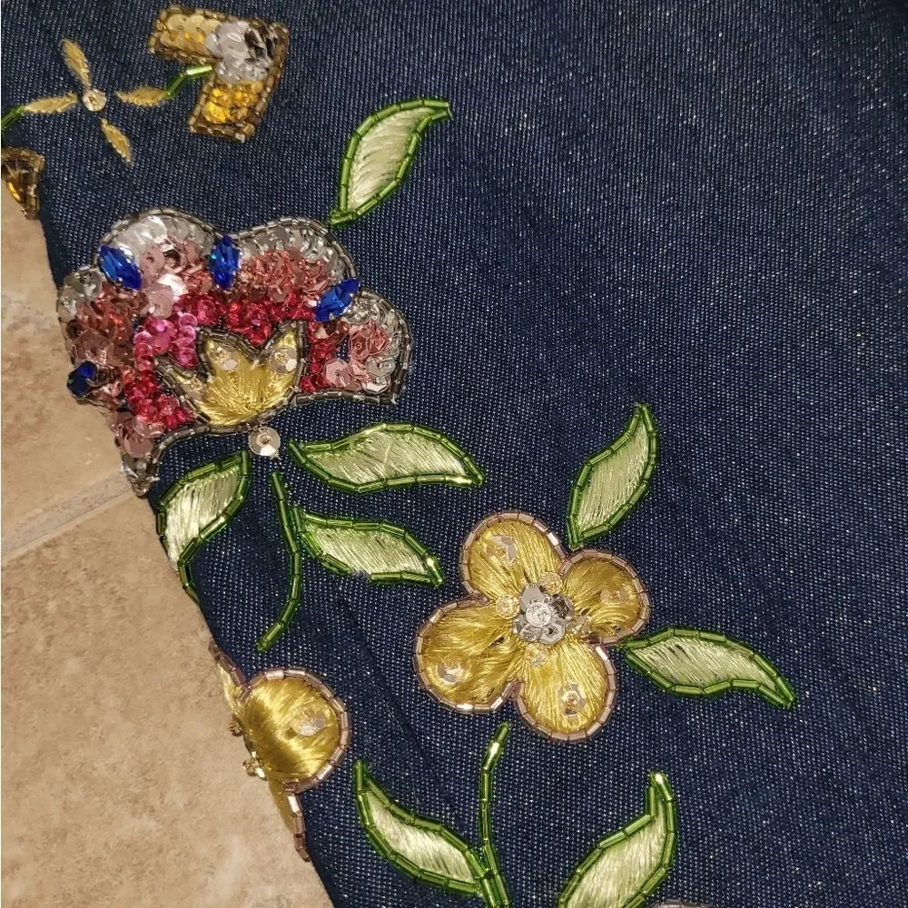 2002 Christian Dior VTG Blue Metallic Denim Pants w/Floral Embellishments - sz 8 - Picture 8 of 14